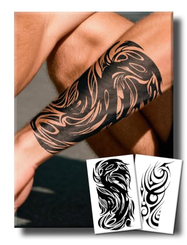 UBICA Semi Permanent Tattoos, 2 Sheets Realistic Large Temporary for Men, Fake Tattoos for Arm, Waterproof, No Reflective, Lasts 1-2 Weeks, Bold Black Ink Body Art(Tribal Gothic Swirl Designs)