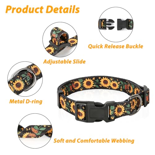 Image of HEELE Dog Collar, Adjustable Soft Dog Collar for Small Medium Large Dogs,Sunflower Floral Patterned Puppy Collars with Quick Release Buckle Sunflower Black S Length 9.84''-14.96'