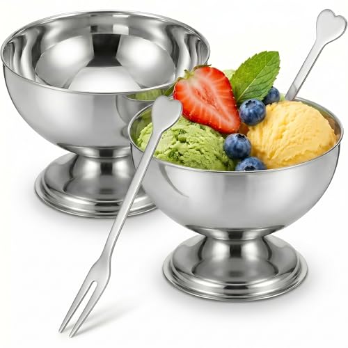 Image of Stainless Steel Ice Cream Bowls, 2 Pcs 4 inch Sliver Footed Dessert Cups with Forks Mini Parfait Cup for Sundae Snack Candy Fruit Pudding Yogurt Mousse Sherbet Trifle & Cocktail Party