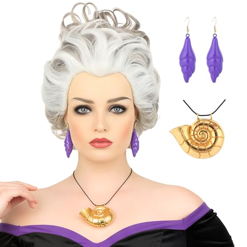 morvally Short Gray White Undersea Witch Costume Wigs with Shell Necklace and Earrings for Women Cosplay Halloween Party (White)