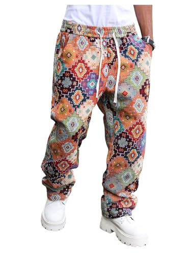 Men's Graphic Baggy Pants Boho Drawstring Waist Wide Leg Trousers with Pockets
