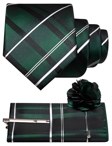 JEMYGINS Mens Necktie Emerald Green Striped Tie and Pocket Square Hankerchief with Tie Clip Lapel Pin Set 4PCS(4)