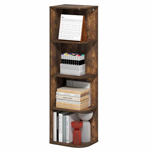Image of Furinno PASIR Book Shelf, 4-Tier Corner Bookshelf with Open Shelf, Standing Bookcase, 9.3 x 12 x 41.4, for Organization and Storage, for Living Room, Bedroom, Home Office, Amber Pine