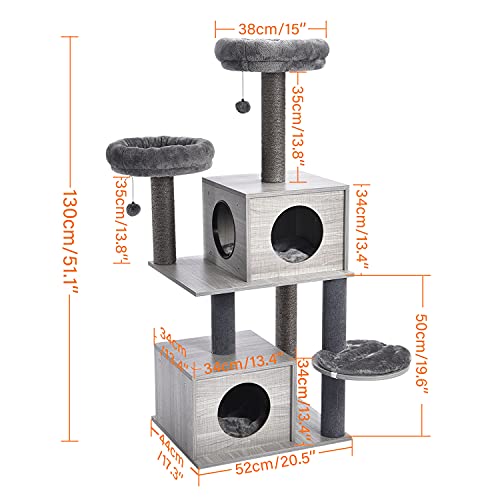 image for PAWZ Road Modern Cat Tree 51 Inches Wooden Cat Tower with 2 Super Larg