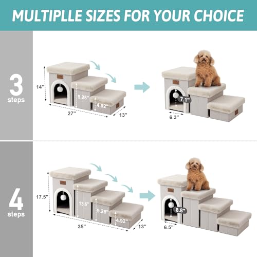Dog Stairs for Small Dogs with Storage and Condo, 14" H Foldable Pet Stairs for Small Medium or Puppy Dogs and Older Cats, Dog Steps for Bed or Couch, 13x27x14 inch, 3 Tiers, Beige - Image 5