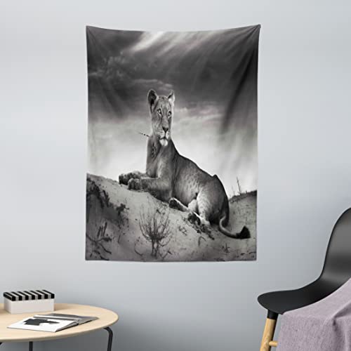ABAKUHAUS Schwarz & weiß Wandteppich & Tagesdecke, Wilde Löwin, aus Weiches Mikrofaser Stoff Dreck abweichender Digitaldruck, 110 x 150 cm, Schwarz Weiß Grau