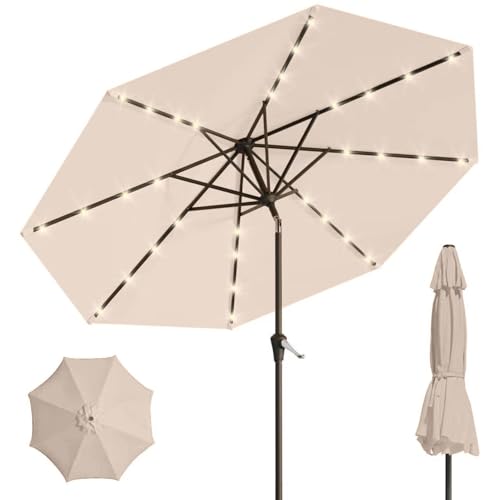 Image of 9' Solar LED Patio Umbrella with Tilt & Crank|8 Sturdy Ribs,UV Protection,Outdoor Market Table Umbrella for Deck,Lawn,Pool,Backyard(Beige)
