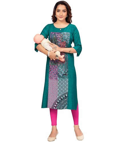 Image of RITIJYA Feeding Kurtis for Women with Zip in Cotton Rayon | Straight Maternity Pregnancy Dress for Nursing Mothers | Maternity Wear Feeding Dress Tops (S,Matchless Green,9071 36)