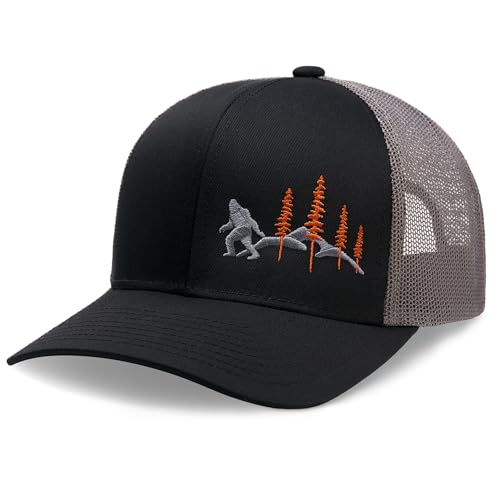 Larix Wild Bigfoot Trucker Hat Bigfoot Sasquatch Gifts Black Expedition Gray