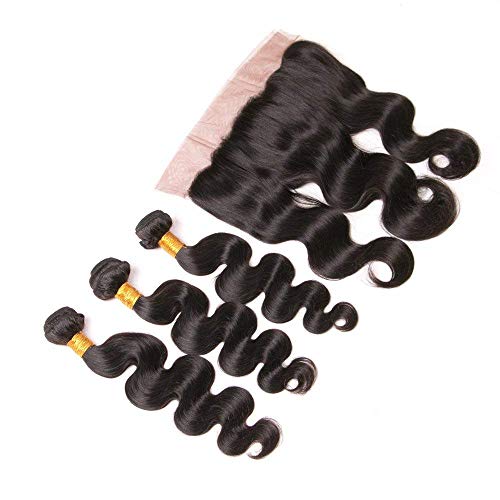 Brazilian Body Wave and Ear To Ear Lace Frontal Closure 13x4 Pre Plucked Bleached Knot Free Part With 3 Bundles Unprocessed Real Human Hair Extensions Short Weaves For Black Women 12 14 16+10 Frontal