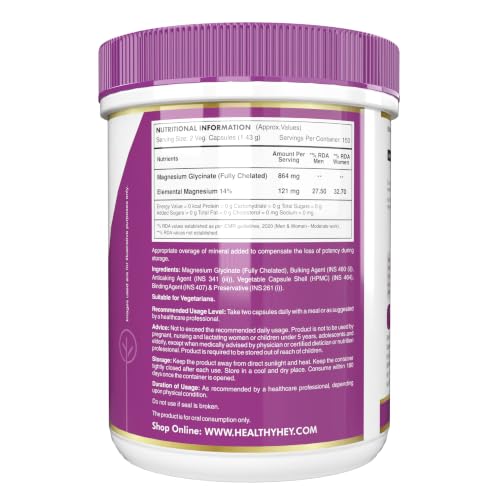 Image of HealthyHey Nutrition Magnesium Glycinate 14% Fully Chelated Supplement High Absorption for Sleep, Cramps, & Nerves Health - 300 Vegetable Capsules