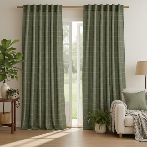 NICETOWN Linen Plaid Curtains Modern Window Panels Moss...