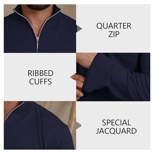Mens Knit Pullover Sweater Quarter Zip Thermal Long Sleeve Slim Mock Neck Ribbed Thick Sweater4