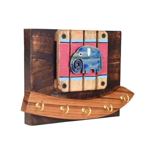 Image of AAKRITI ART CREATIONS Key Holder, Elephant Ellie Key Hanger | Rustic Wood Wall Organizer with 5 Hooks | New Home Gifts | Multifunctional Entryway Decor Item