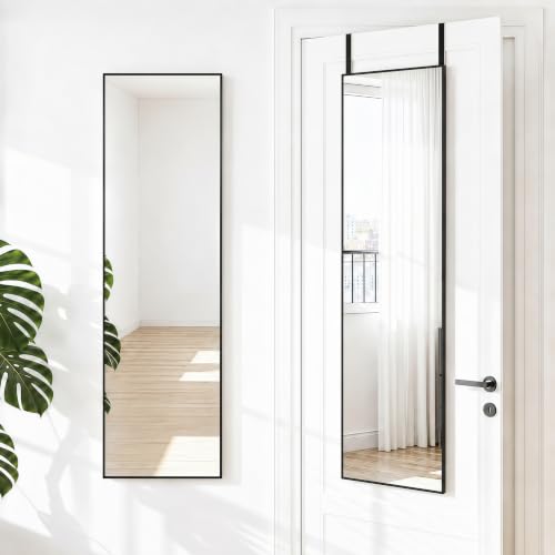 NARCISSUS Over the Door Full Length Mirror 47x14 Inch Wall Mounted Dressing Mirror Door Hanging Full Body Mirror HD Reflection Glass for Bedroom Aluminum Alloy Frame Black