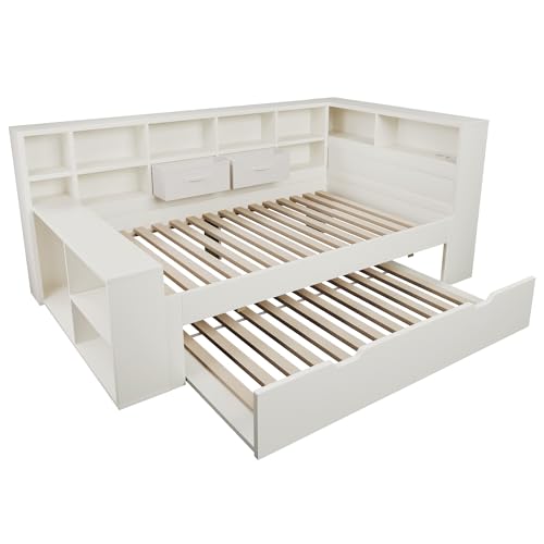Huayz Sofá cama de madera con cama nido, 90 x 190 cm, cama individual con puertos de carga USB/tipo C y espacio de almacenamiento, dos cajones, cama juvenil con somier, sin colchón, blanco (90 x 190 - imagen 9