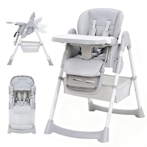 10 Best Foldable High Chair for Baby: Top Compact and Adjustable Picks 3 GarveeLife Foldable High Chair for Babies & Toddlers, PU Leather Highchair with Adjustable Backrest, Footrest, Seat Height, Removable Tray, 5-Point Safety Harness & Locking Wheels, Light Grey
