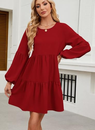 Image of QACOHU Falll Dresses for Women 2026 Crew Neck Long Lantern Sleeve Casual Loose Flowy Swing Shift Dress