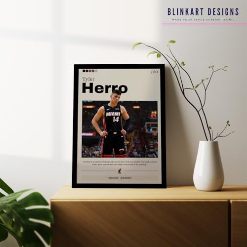 Image of BLINKART Tyler Herro NBA BasketBall Player Synthetic Wood Photo Framed Wall Hanging Poster For Room & Office Bedroom Living Boys and Girl Room Home Wall Hanging(12 * 18 Inches)