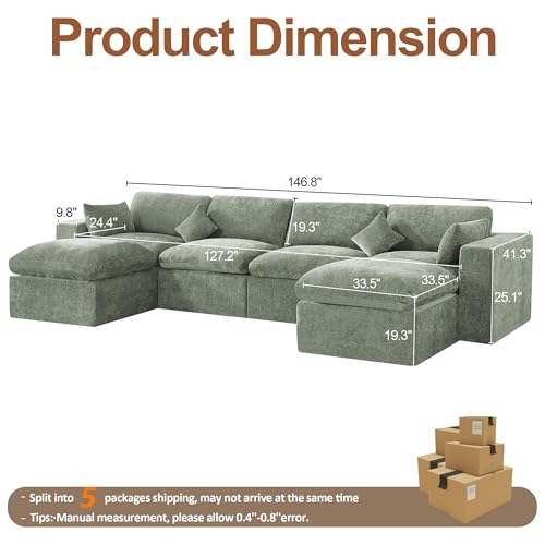 Image of 146''Cloud Boneless Sectional Couch, Modular Sectional Sofa Deep Seat with 2 Ottomans, Oversized Upholstered Convertible Comfy 6 Seater Chenille Sofa U Shape Couches for Living Room, Green
