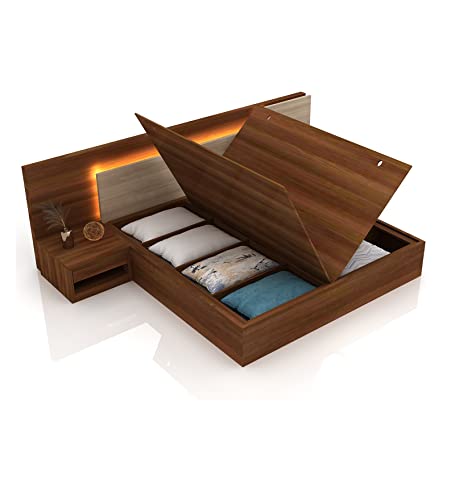 Image of King Size Engineered Wood Bed with Storage, LED Headboard & Side Tables | Modern Wooden Double Bed Cot for Bedroom | Heavy Duty Platform Bed Frame | Walnut Brown |Free Assembly