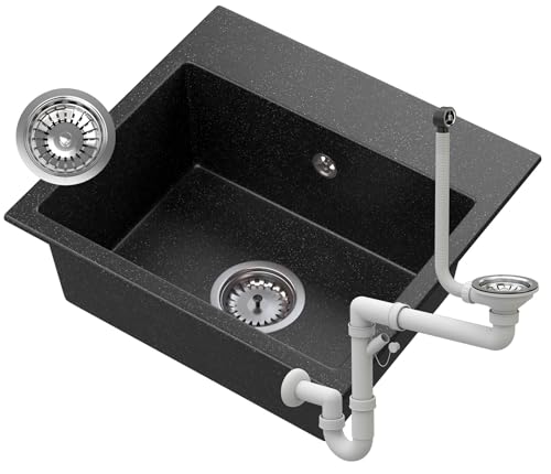 GRANITAN Granitspüle Milos 45 x 42 cm, Einbeckenspüle aus Granit elegantes Küchenspülen-Set mit manuellem Siphon, langlebige...
