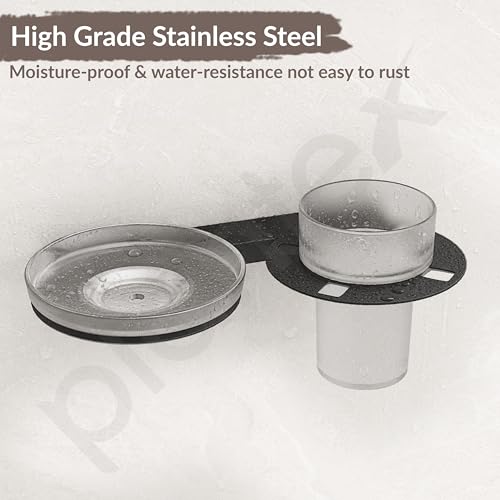 Image of Plantex Soap Dish with Tumbler Holder for Bathroom /Stainless Steel Glass soap Holder wtih Toothbrush Stand /Bathroom Accessories - Pack of 1 (Black)