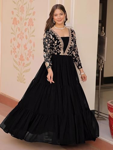 Image of FOXDX Womens Faux Georgette Sequence Embroidered Ankle Length Anarkali Gown for Women| Festival | Trending |