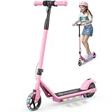 isinwheel S2 Electric Scooter for Ages 6-14, 150W Motor, Adjustable Speed and Height, Colorful Lights, Double Brake, Magnetic Charging, Gifts for Kids (Pink)