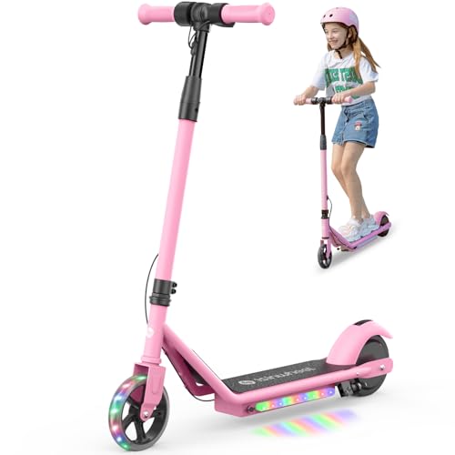 isinwheel Electric Scooter for Kids Ages 6-12, 150W Motor, 6/10 MPH Speeds, Colorful Lights, Adjustable Height, Kids Electric Scooter with Dual Brake & Thumb Throttle— Great Gift for Boys &