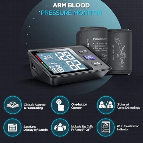Blood Pressure Machine Upper Arm, 2 Size Cuffs M/L and XL, Medium/Large 9\"-17\" and Extra Large XL 13\"-21\", Accurate Automatic Digital BP Monitor, Large Backlit LCD, 2-User 1000 Memories, U85H