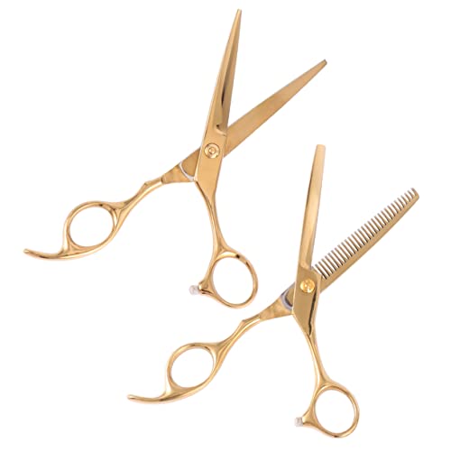 FOYTOKI 2Pcs Professional Hair Cutting Scissors Set Ergonomic Stainless Steel Hairdressing Tools for Salon Home Use Stylish Golden Design for Comfortable Hair Cutting Thinning
