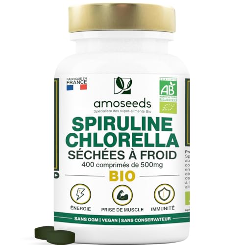 Spiruline et Chlorella BIO | 400 comprimés vegan de 500mg | 4500mg par jour | 17% Phycocyanine, Séchées à Froid | Détox, Anti-fatigue, Antioxydant | Qualité Supérieure