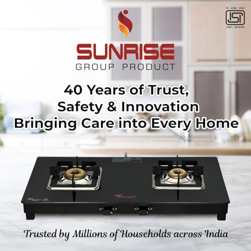 Image of Golden Surya 2 Burner Toughened Glass Gas Stove (CXJ-22 MS Pride) | Heavy Forged Brass | Manual Ignition | ISI Certified | 18 Months Warranty