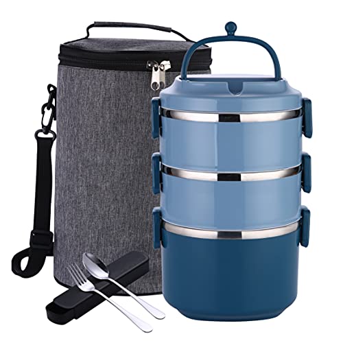 Stackable Lunch Box,YFBXG 3 Tier Stainless Steel Thermal Bento Lunch Box With Lunch Bag & Utensils (Blue, 3 Tier)
