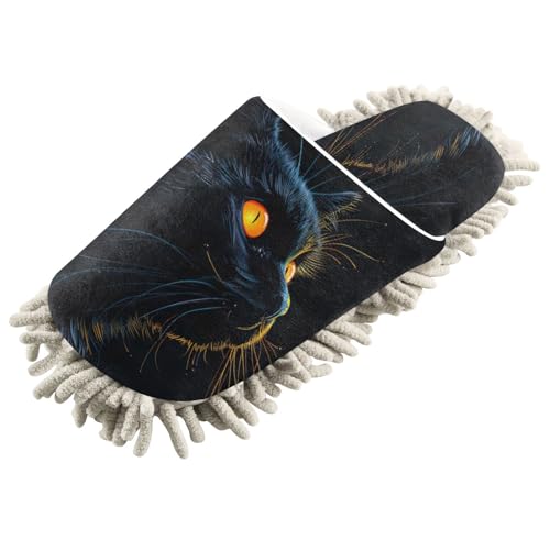 YEGAME Microfiber Kitchen Cleaning Slippers, Black Cat Soft Washable Reusable House Cleaning Slippers for Men Women, Dust Dirt Hair Microfiber Mop Cleaner Shoes, Large