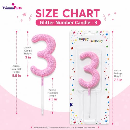 Image of Wanna Party Glitter Designer Pink Number 3 Birthday Candle, Numerical Cake Candle for 3rd Birthday, Cake Cutting, Party Decoration & Celebration Supplies - 1PC