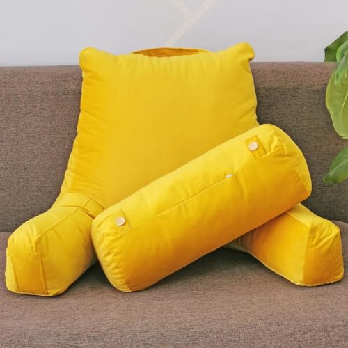 PIURUF Sofa Reading Cushion with Soft Neck Brace,Portable Removable Washable Bed Rest Pillow,Lumbar Relax Cushion with Arm Support for Home Office (Yellow)