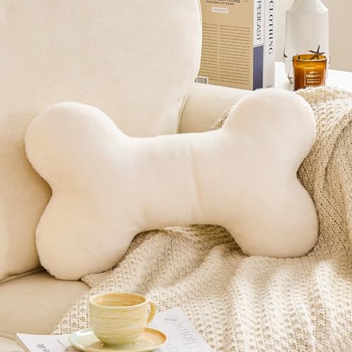 XVTRU Bone Pillow Cute Decorative Throw Pillow Bone Shaped Pillows for Aesthetic Home Decorative Cushion Pet Plush Pillow for Bed Sofa Couch (Ivory 15 Inch)