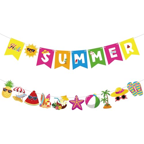 Image of Hello Summer Banner Beach Patterns Colorful Summer Pool Party Bunting Garland Banner Hanging Beach Decor for Kids Holiday Birthday Party Decorations Indoor Outdoor Home Office School Classroom