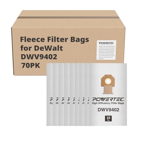 Image of POWERTEC DWV9402 Fleece Bags 70PK, for Dewalt DWV010, DWV012, DWV015 8 & 10 Gallon Dust Extractor, Replacement Shop Vacuum Bags, Filter Bags for Dewalt (75029-Case14), Case of 70