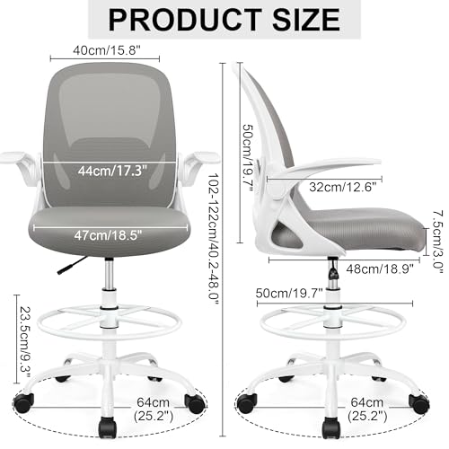 Image of Drafting Chair Tall Office Chair with Flip-up Armrests, Adjustable Height, and Enhanced Lumbar Support - Ergonomic Rolling Stool, Back Support, and Adjustable Foot Rest Ring for Standing Desk Gray