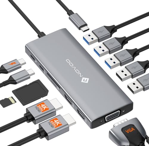 NOVOO Docking Station d'accueil USB C 12-en-1, Docking Station USB C, 2 HDMI, VGA, 5 USB Ports, 100W PD, Lecteur SD/TF, Compatible MacBook/Dell/HP/Surface