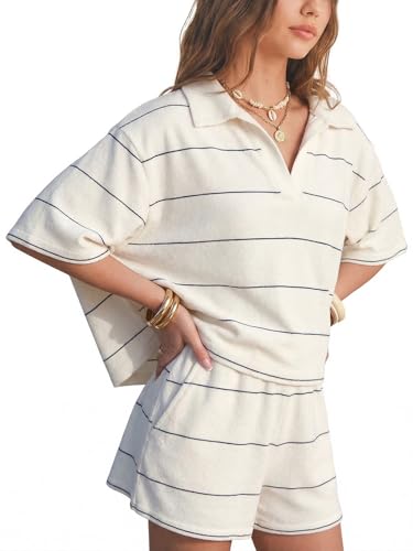 EXLURA Women Summer 2 Piece Outfits Faux Cashmere Sweater Knit Oversized Polo V Neck Top Matching Shorts Vacation Lounge Sets