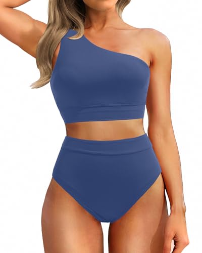 Image of Holipick Women One Shoulder High Waisted Bikini Set Two Piece Tummy Control Swimsuits Full Coverage Bathing Suit