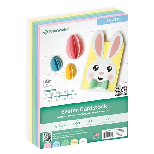 PrintWorks Easter Cardstock 8.5 x 11 - 200 Sheets - 5 Assorted Pastel Cardstock Colors - Ideal for School & Craft Projects - 67 lb/147 gsm - Made in the USA - SFI Certified (00594)