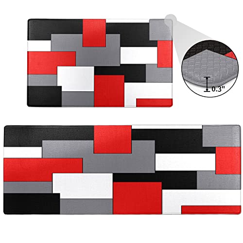Fnlndo Red Black Grey White Kitchen Rugs And Mats Set Of 2 Cushioned Anti Fatigue Kitchen Rugs Set Geometric Non-Skid Washable Kitchen Mats For Kitchen Sink Laundry #TOP1