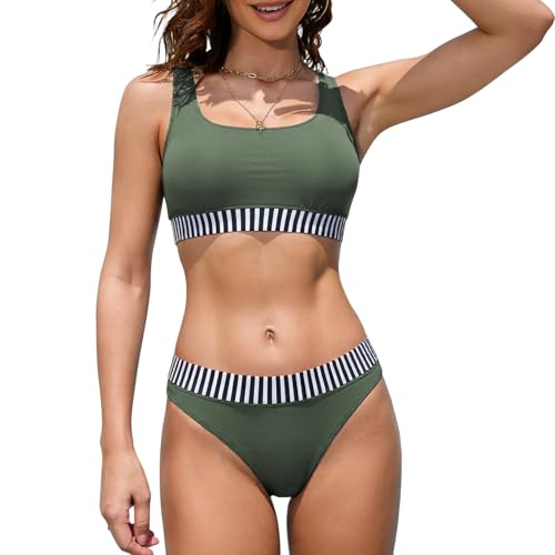 iSLASISIA Damen Sport Badeanzüge Zweiteiliger Crop Top Gerippter Bikini mit frechem Unterteil（Olive-Grün,EU36）