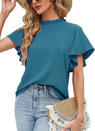 Aifer Business Casual Tops for Women High Neck Short Sleeve Summer Shirts Elegant Dressy Casual Blouses Flattering Office Work Clothing
