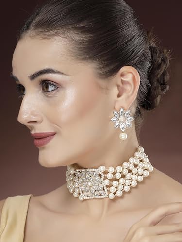 Image of Karatcart Pearl Multilayer Beaded Choker Necklace Set for Women